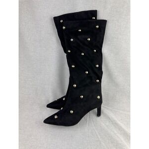 A New Day Womens Black Faux Suede Gold Studded Pointed Toe Kitten Heel Boots 8